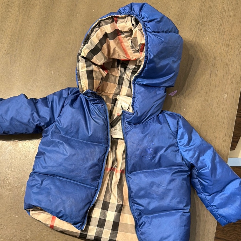 Blue Hooded Puffer Jacket with Checkered Lining